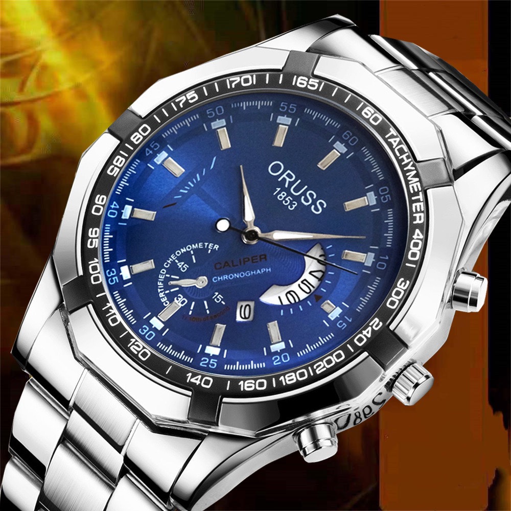 ORUSS Men Stainless Steel Chronograph Wrist Watch, Luminous Blue Dial Calendar Quartz Watch Business Sports Watch Gift Set With Brand Gift Box