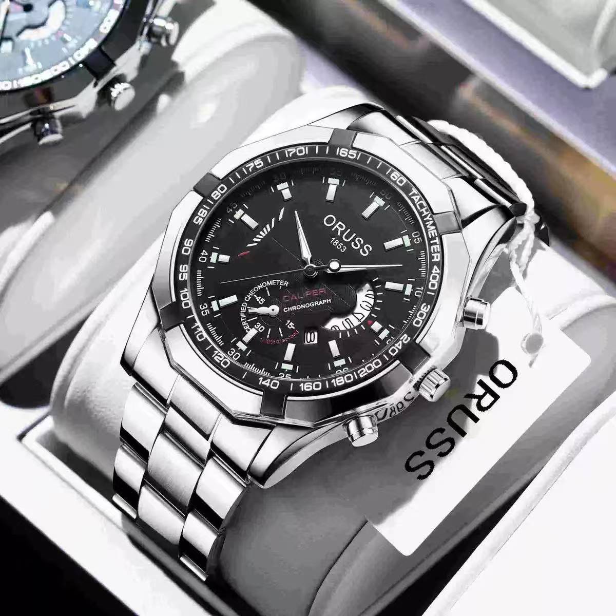 ORUSS Men Stainless Steel Chronograph Wrist Watch, Luminous Blue Dial Calendar Quartz Watch Business Sports Watch Gift Set With Brand Gift Box
