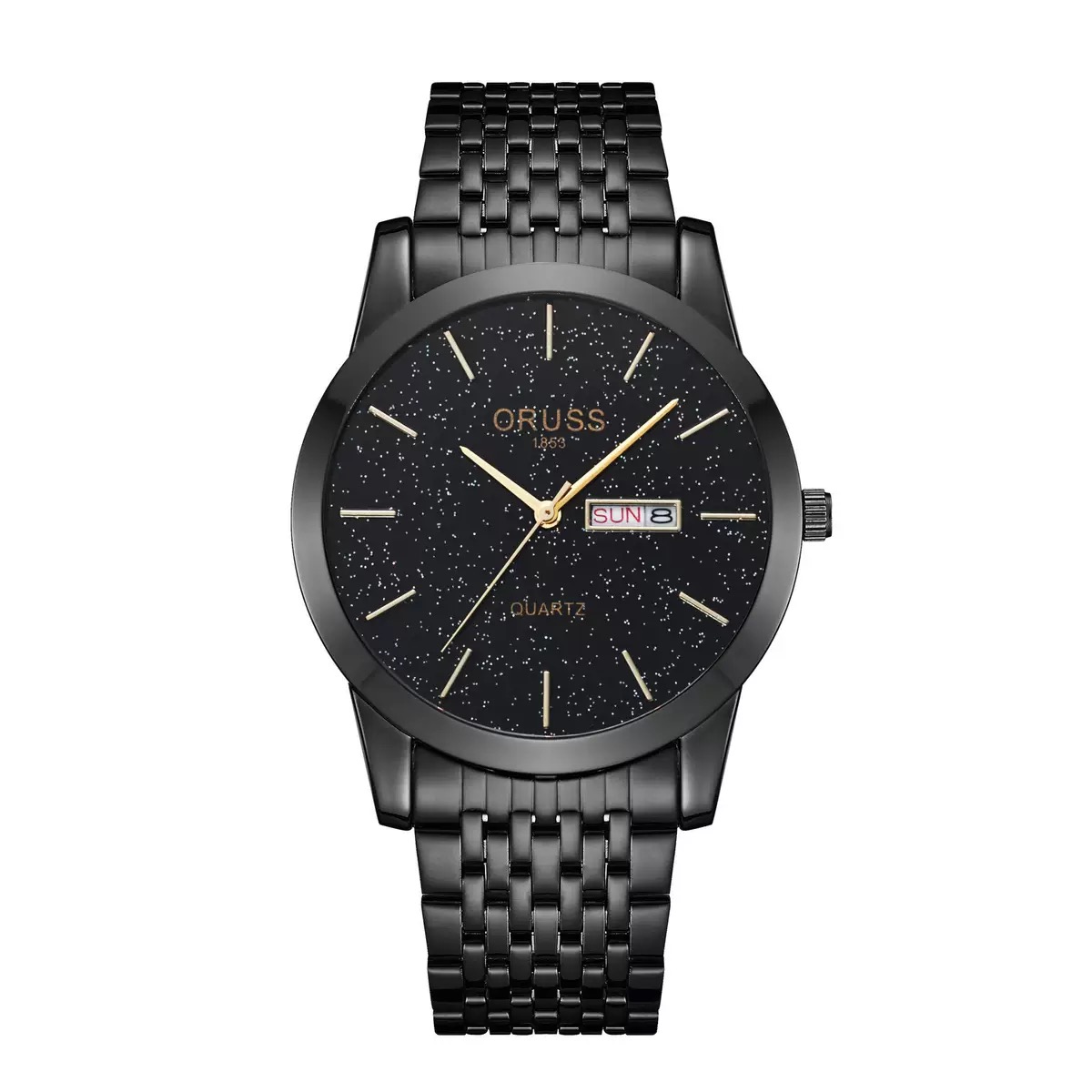 ORUSS 1853 All Black Men Quartz Watch Starry Sky Glitter Dial Stainless Steel Band Wristwatch Luminous Week Date Dual Display Waterproof Minimalist Male Watch With Original Gift Box
