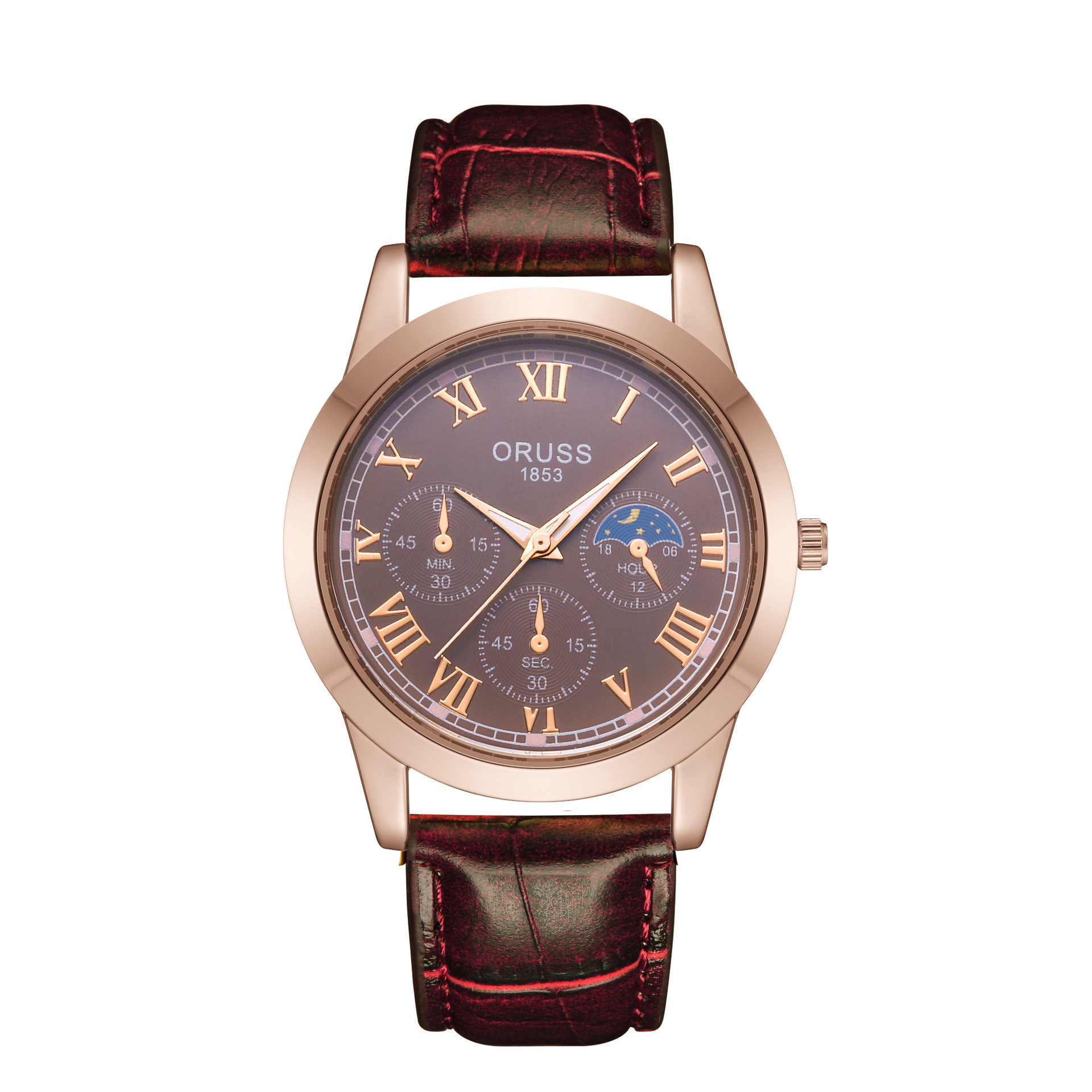 ORUSS Men Business Quartz Watch Round Case Roman Numeral Dial Moon Phase Display Multi Decorative Sub-Dials Crocodile Texture Leather Strap Vintage Male Dress Wrist Watch