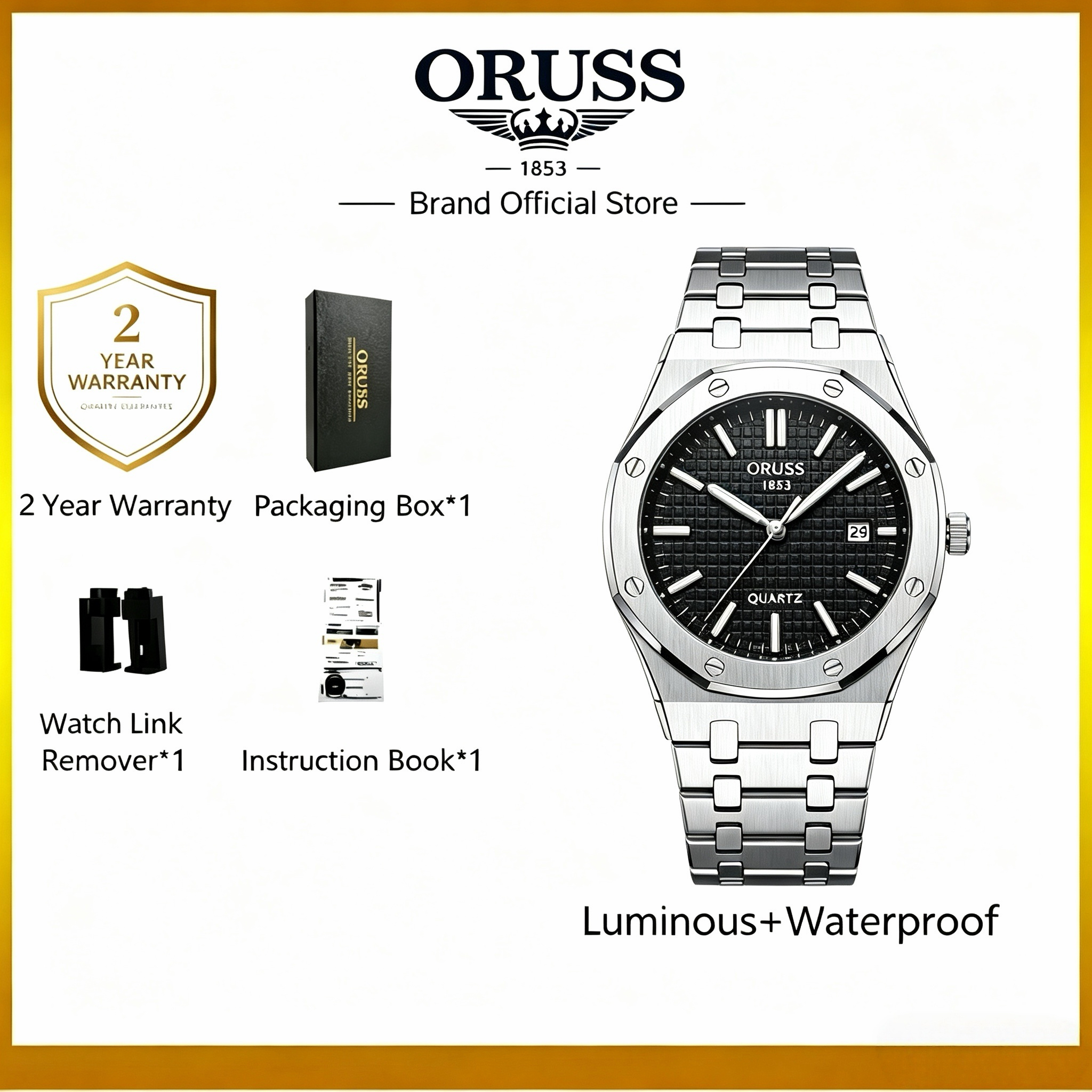 ORUSS 1853 Men's Watch Sporty Casual Octagonal Stainless Steel Bracelet Black Blue Grid Dial Quartz Logo Date Window Formal Daily Wear Office Anniversary Birthday Gift