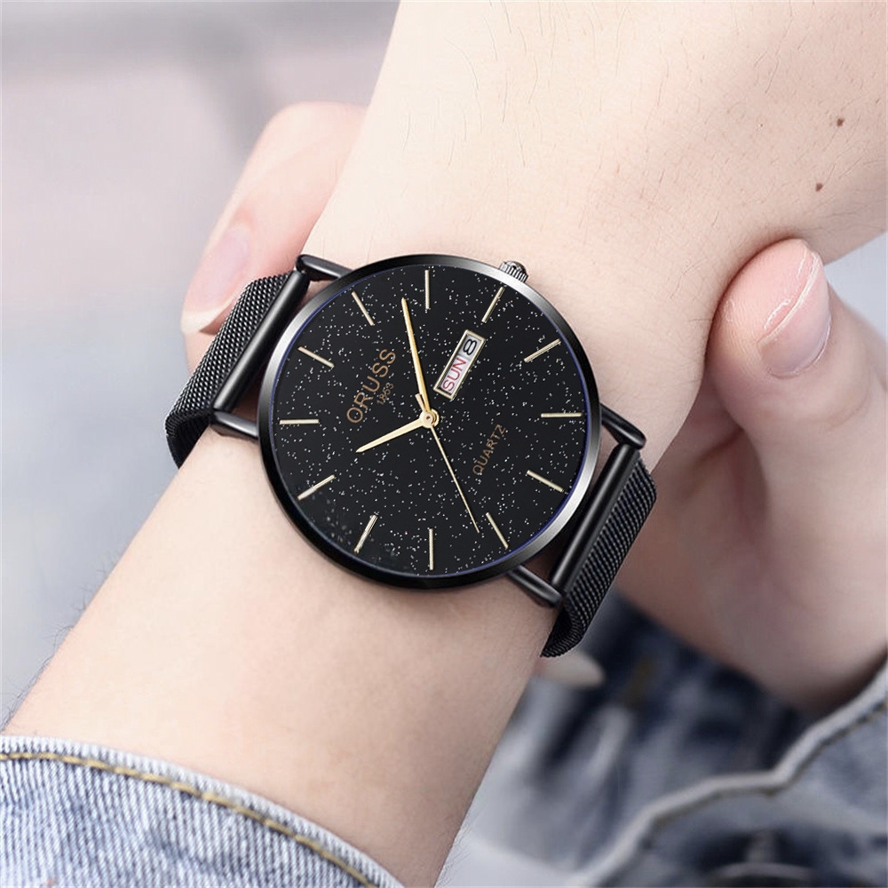 ORUSS 1853 Men Starry Sky Dial Quartz Watch Mesh Steel Band Business Wristwatch Luminous Date Week Display Waterproof Casual Male Watch With Original Gift Box 2 Years Warranty