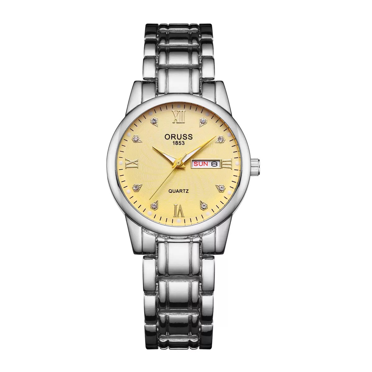 ORUSS 1853 Two-Tone Stainless Steel Women Quartz Watch, White Textured Dial Crystal Markers Day Date Ladies Dress Wrist Watch Gift Set With Original Brand Gift Box