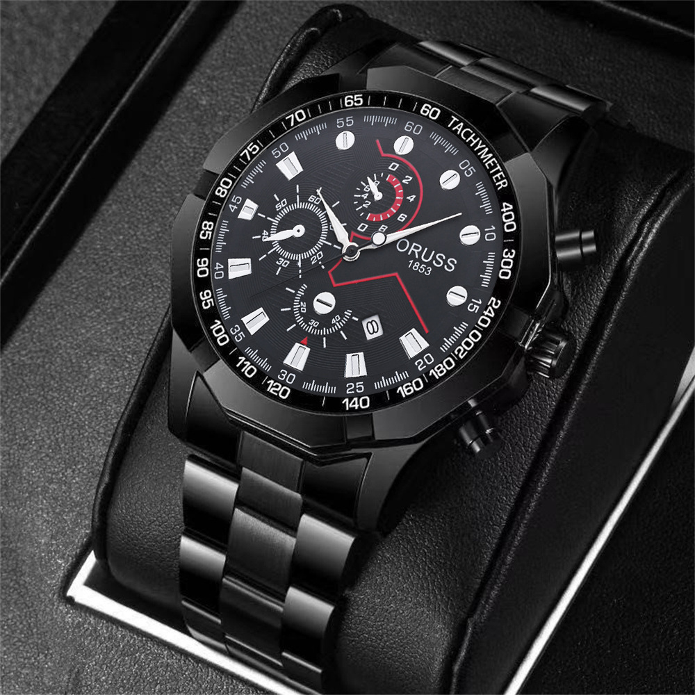 ORUSS Men's Watch Multifunction Three-Eye Chronograph Watch Waterproof Business Stainless Steel Bracelet Wristwatch For Daily Wear Office Work Sports Holiday Gift
