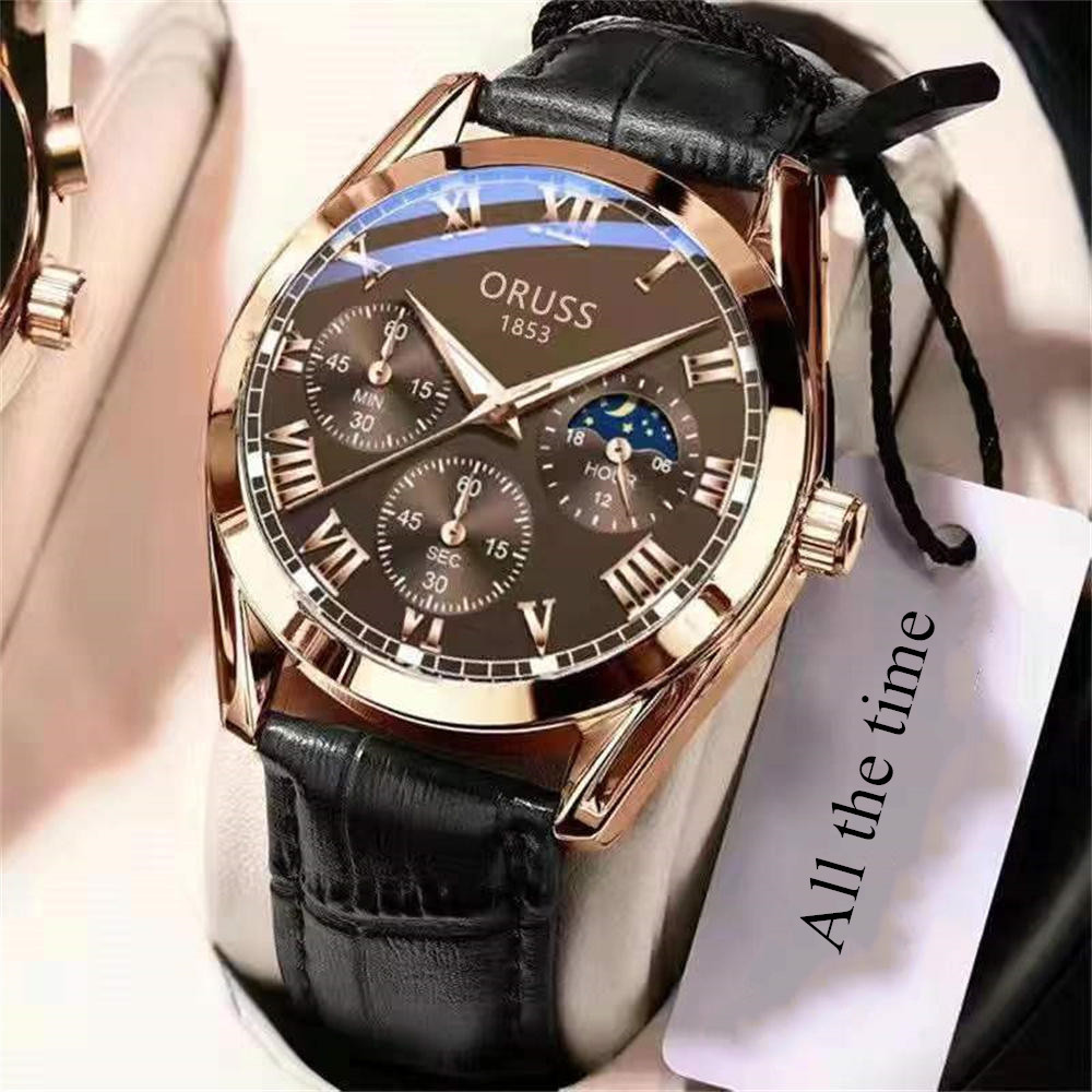 ORUSS Men Business Quartz Watch Round Case Roman Numeral Dial Moon Phase Display Multi Decorative Sub-Dials Crocodile Texture Leather Strap Vintage Male Dress Wrist Watch
