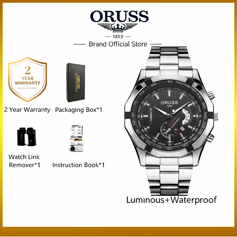 ORUSS Men Stainless Steel Chronograph Wrist Watch, Luminous Blue Dial Calendar Quartz Watch Business Sports Watch Gift Set With Brand Gift Box