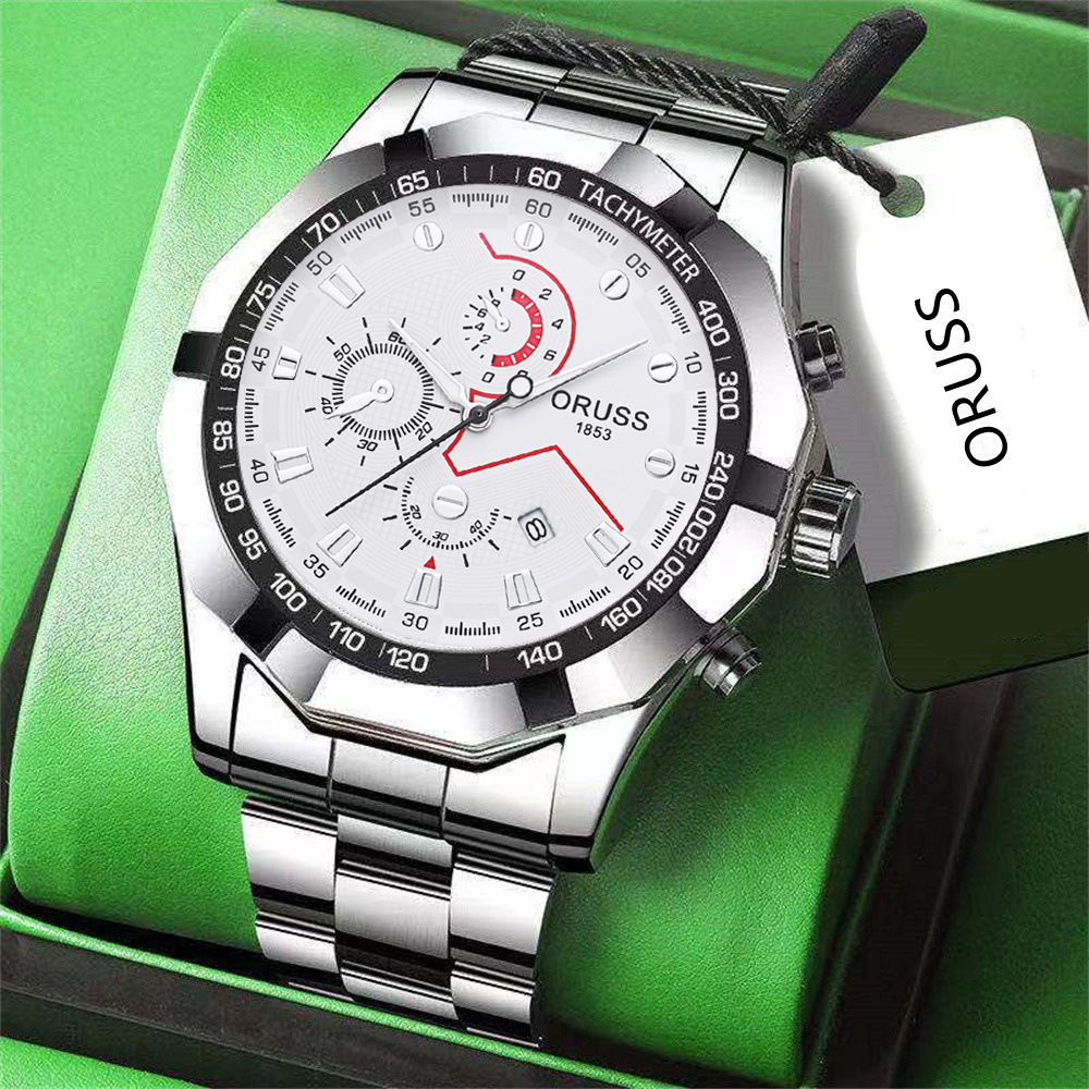 ORUSS Men's Watch Multifunction Three-Eye Chronograph Watch Waterproof Business Stainless Steel Bracelet Wristwatch For Daily Wear Office Work Sports Holiday Gift