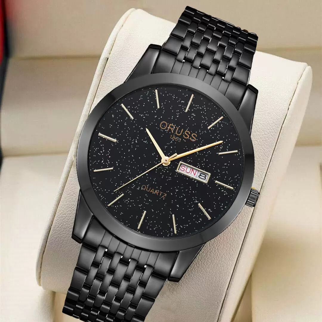 ORUSS 1853 All Black Men Quartz Watch Starry Sky Glitter Dial Stainless Steel Band Wristwatch Luminous Week Date Dual Display Waterproof Minimalist Male Watch With Original Gift Box