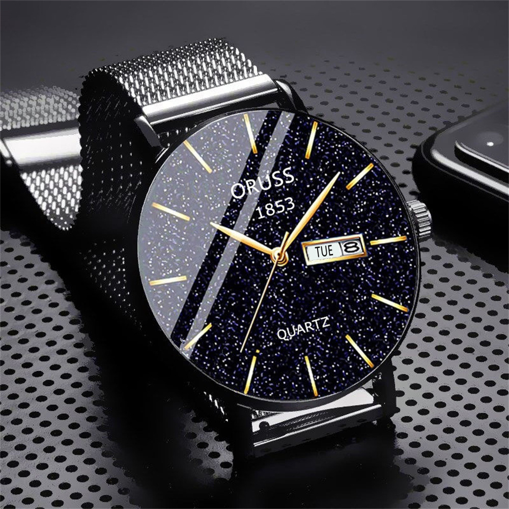 ORUSS 1853 Men Starry Sky Dial Quartz Watch Mesh Steel Band Business Wristwatch Luminous Date Week Display Waterproof Casual Male Watch With Original Gift Box 2 Years Warranty