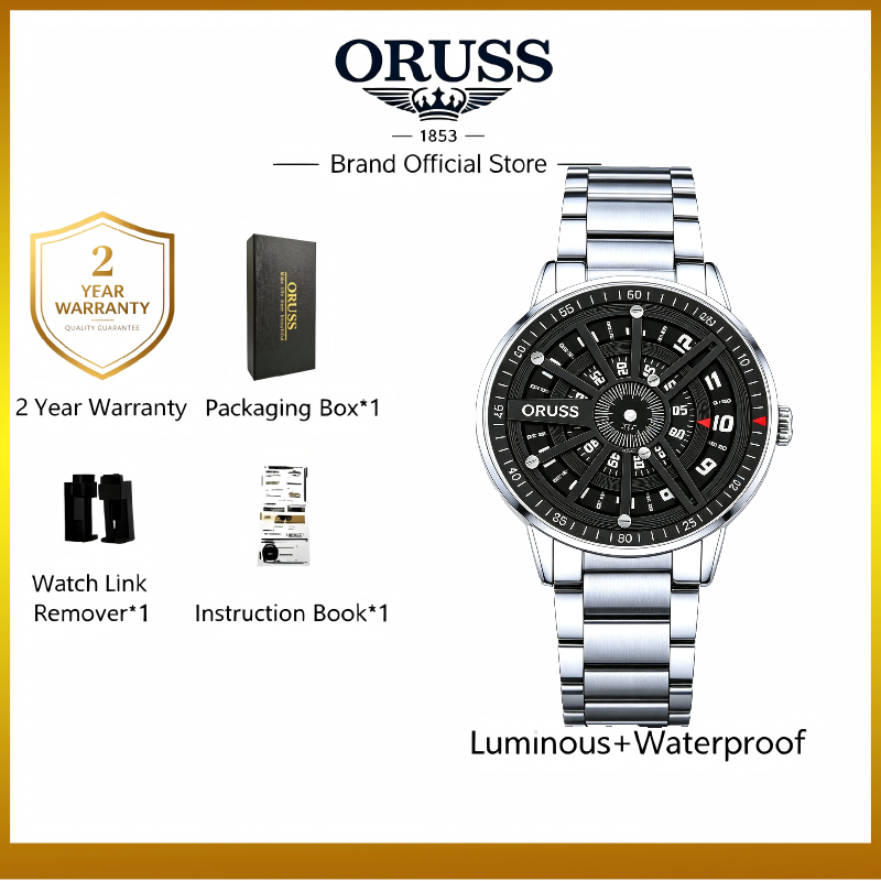 ORUSS 1853 Men's Watch Roulette Wheel Style Creative Unique Design Dial Waterproof Stainless Steel Bracelet Rotating Indicator Unisex Daily Wear Sports Fashion Holiday Gift