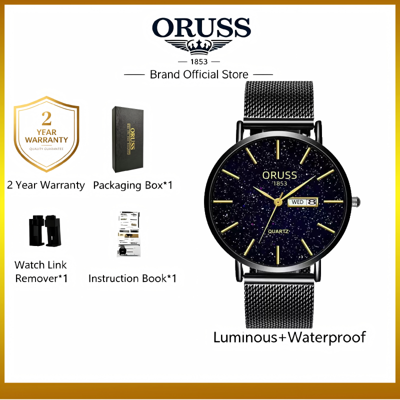 ORUSS 1853 Men Starry Sky Dial Quartz Watch Mesh Steel Band Business Wristwatch Luminous Date Week Display Waterproof Casual Male Watch With Original Gift Box 2 Years Warranty