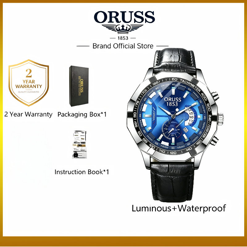 ORUSS 1853 Men's Watch Creative Chronograph Multi-Function Dial Unique Tachymeter Bezel Design Waterproof Leather Strap Unisex Daily Wear Sports Business Holiday Gift