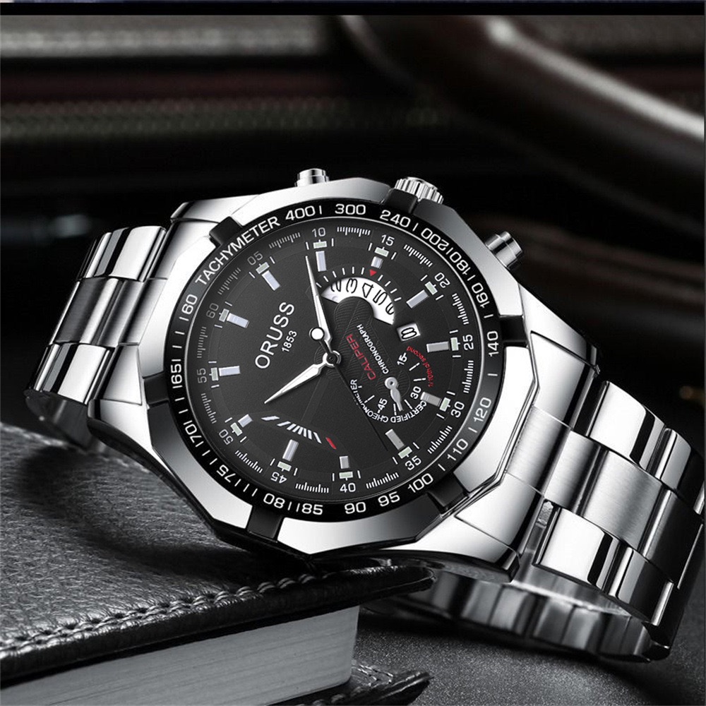 ORUSS Men Stainless Steel Chronograph Wrist Watch, Luminous Blue Dial Calendar Quartz Watch Business Sports Watch Gift Set With Brand Gift Box