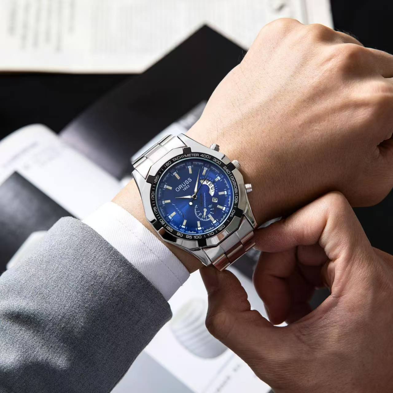 ORUSS Men Stainless Steel Chronograph Wrist Watch, Luminous Blue Dial Calendar Quartz Watch Business Sports Watch Gift Set With Brand Gift Box