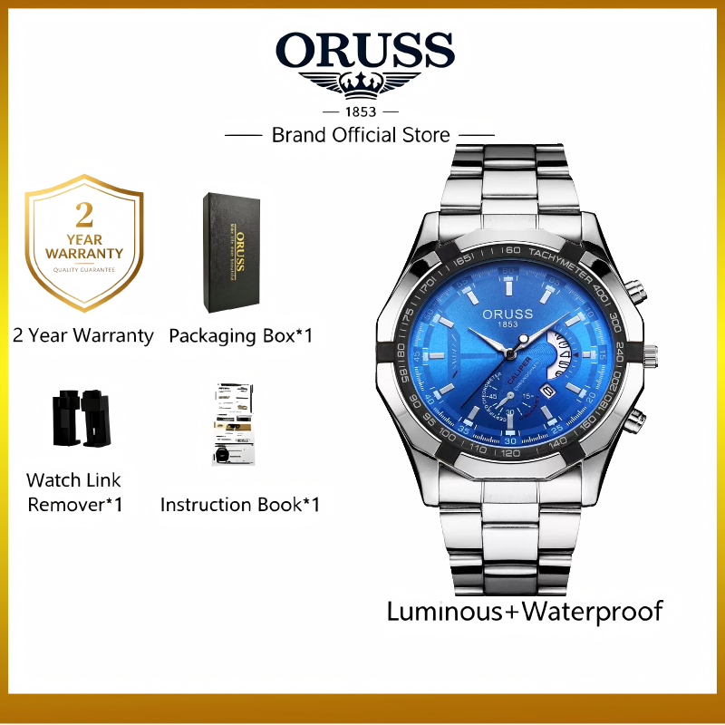 ORUSS Men Stainless Steel Chronograph Wrist Watch, Luminous Blue Dial Calendar Quartz Watch Business Sports Watch Gift Set With Brand Gift Box