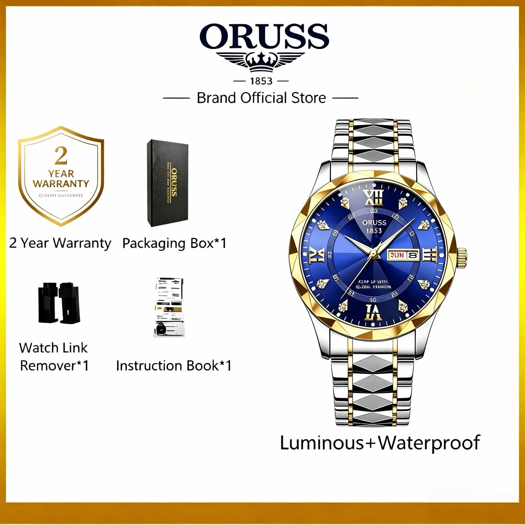 ORUSS 1853 Men's Watch Faceted Crystal Glass Quartz Two Tone Stainless Steel Bracelet Blue White Dial Diamond Roman Numerals Dual Calendar For Business Daily Wear Special Occasions