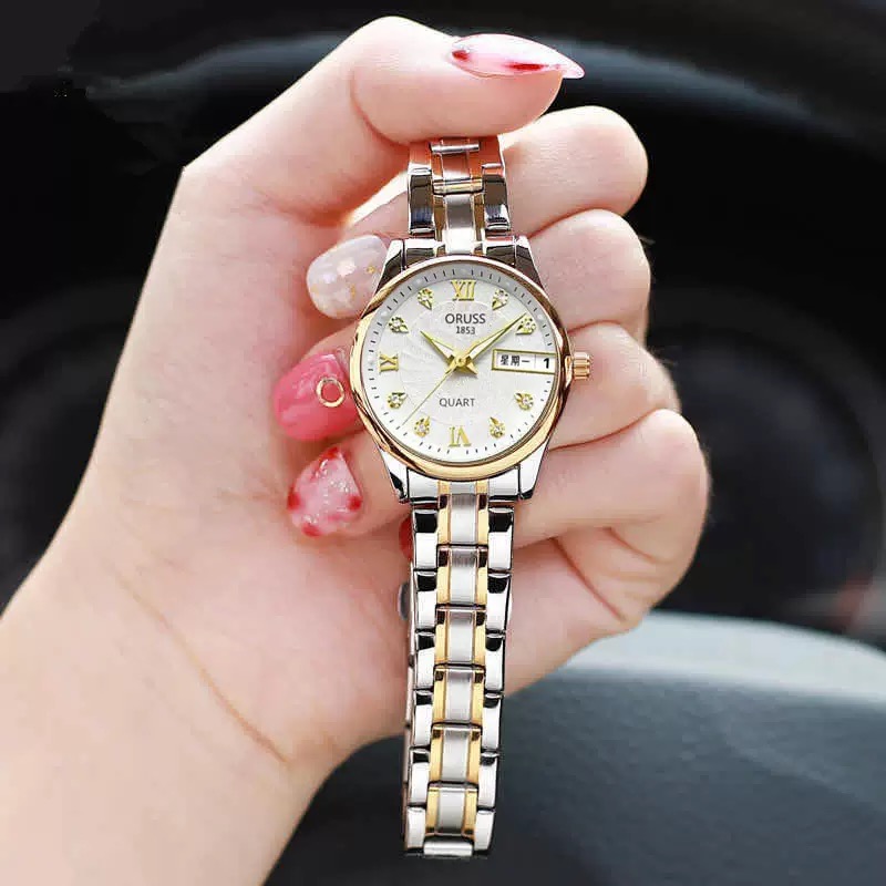 ORUSS 1853 Two-Tone Stainless Steel Women Quartz Watch, White Textured Dial Crystal Markers Day Date Ladies Dress Wrist Watch Gift Set With Original Brand Gift Box
