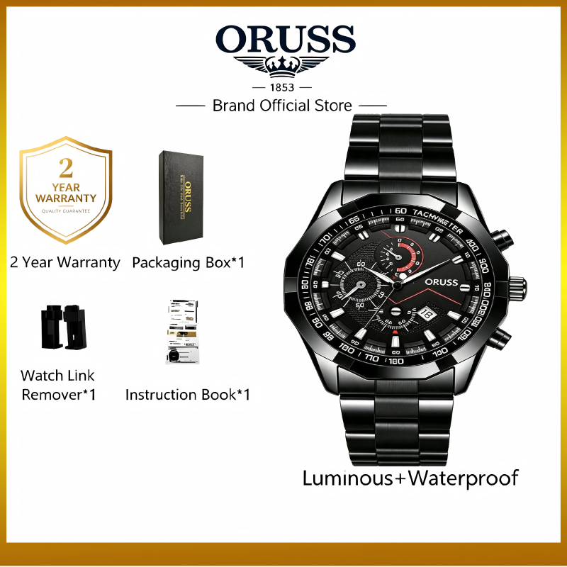 ORUSS Men's Watch Multifunction Three-Eye Chronograph Watch Waterproof Business Stainless Steel Bracelet Wristwatch For Daily Wear Office Work Sports Holiday Gift
