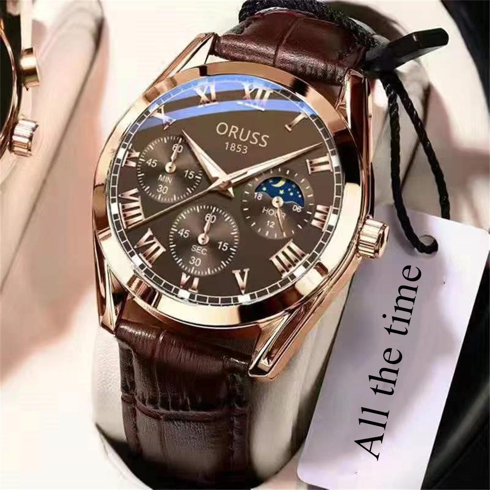 ORUSS Men Business Quartz Watch Round Case Roman Numeral Dial Moon Phase Display Multi Decorative Sub-Dials Crocodile Texture Leather Strap Vintage Male Dress Wrist Watch