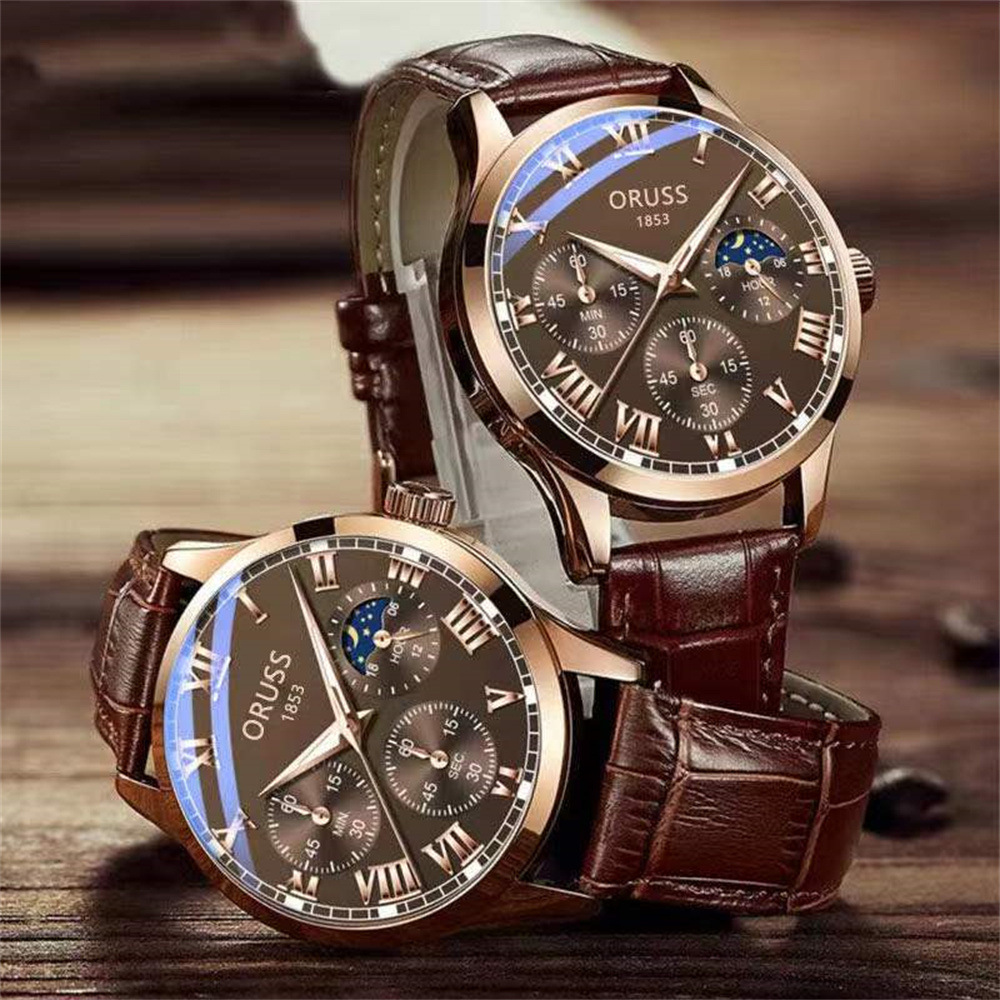 ORUSS Men Business Quartz Watch Round Case Roman Numeral Dial Moon Phase Display Multi Decorative Sub-Dials Crocodile Texture Leather Strap Vintage Male Dress Wrist Watch