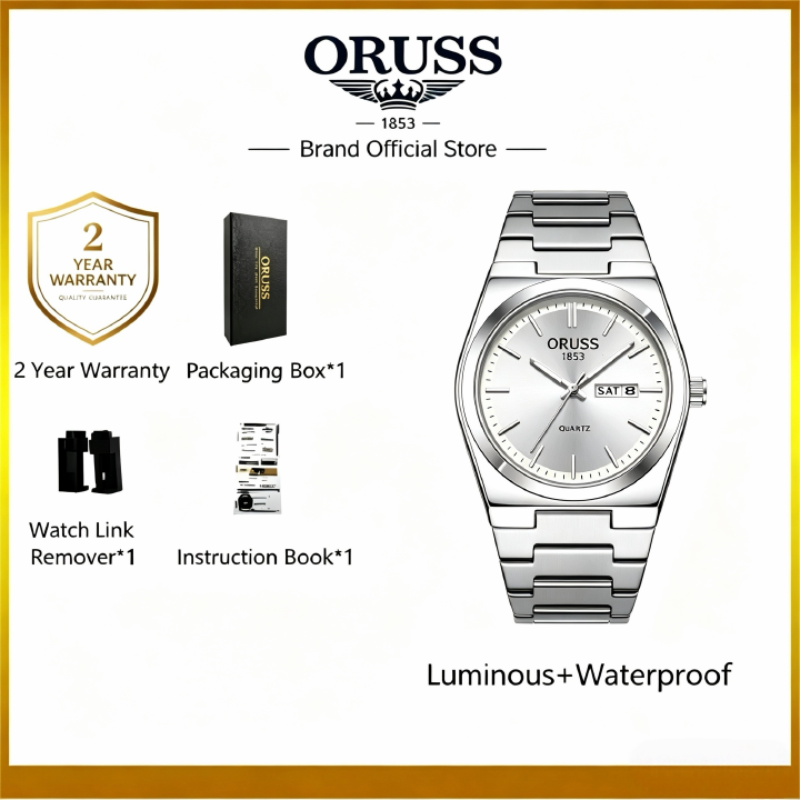 ORUSS 1853 Men's Watch Minimalist Tonneau Style Quartz Watch Brushed Stainless Steel Bracelet Black Blue Sunburst Dial Dual Calendar For Casual Business Wear