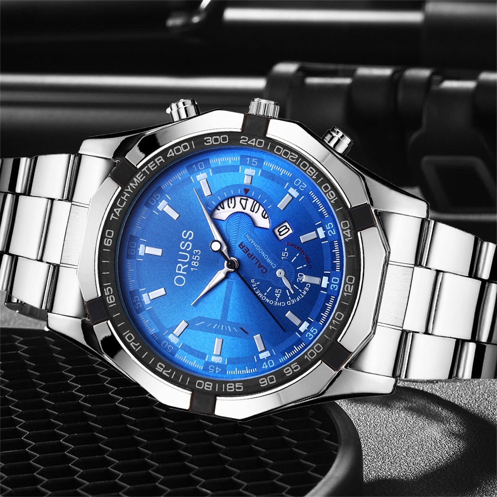 ORUSS Men Stainless Steel Chronograph Wrist Watch, Luminous Blue Dial Calendar Quartz Watch Business Sports Watch Gift Set With Brand Gift Box