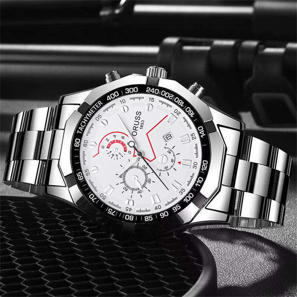 ORUSS Men's Watch Multifunction Three-Eye Chronograph Watch Waterproof Business Stainless Steel Bracelet Wristwatch For Daily Wear Office Work Sports Holiday Gift