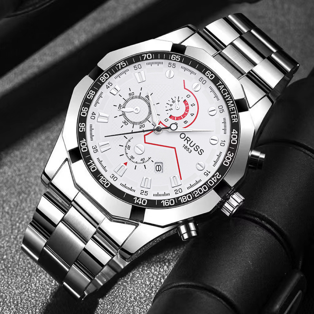 ORUSS Men's Watch Multifunction Three-Eye Chronograph Watch Waterproof Business Stainless Steel Bracelet Wristwatch For Daily Wear Office Work Sports Holiday Gift