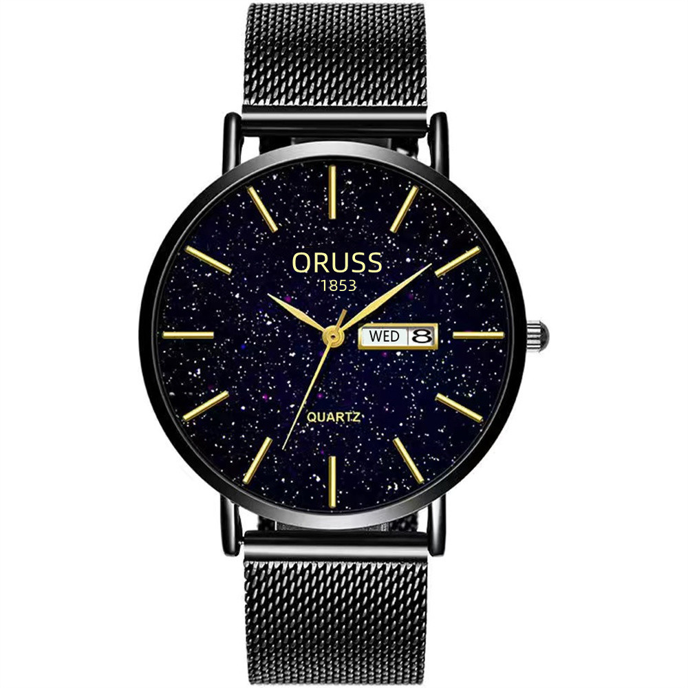 ORUSS 1853 Men Starry Sky Dial Quartz Watch Mesh Steel Band Business Wristwatch Luminous Date Week Display Waterproof Casual Male Watch With Original Gift Box 2 Years Warranty