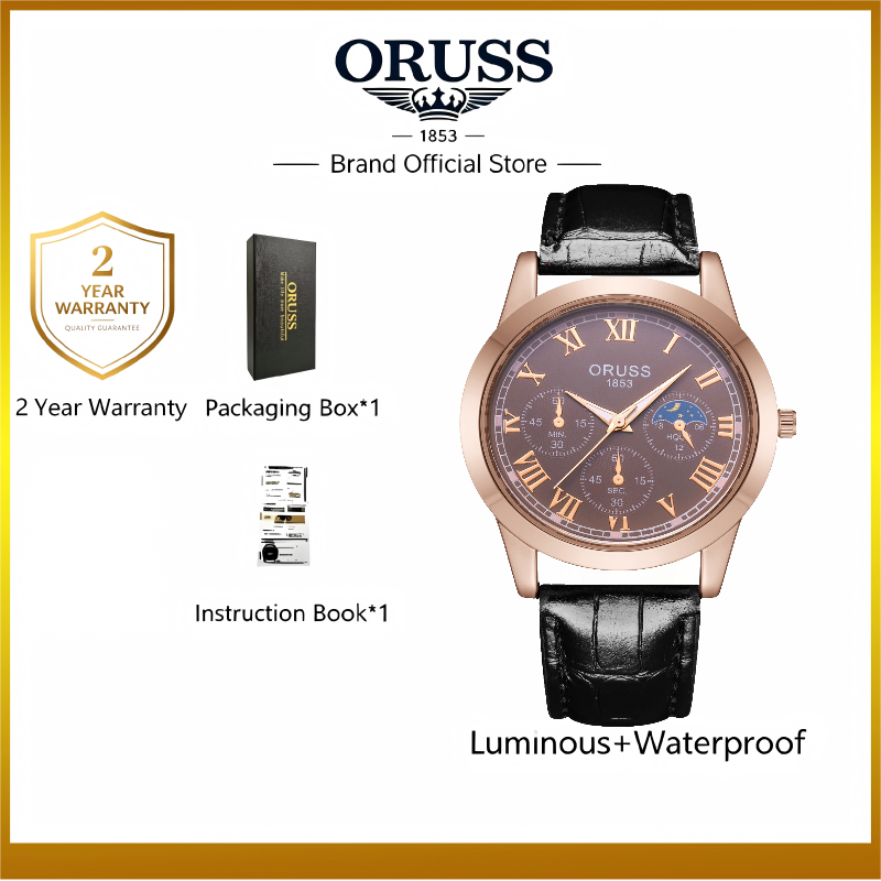 ORUSS Men Business Quartz Watch Round Case Roman Numeral Dial Moon Phase Display Multi Decorative Sub-Dials Crocodile Texture Leather Strap Vintage Male Dress Wrist Watch