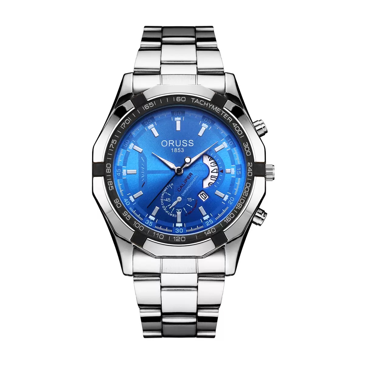 ORUSS Men Stainless Steel Chronograph Wrist Watch, Luminous Blue Dial Calendar Quartz Watch Business Sports Watch Gift Set With Brand Gift Box
