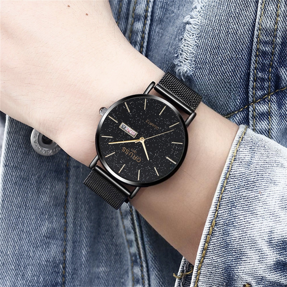 ORUSS 1853 Men Starry Sky Dial Quartz Watch Mesh Steel Band Business Wristwatch Luminous Date Week Display Waterproof Casual Male Watch With Original Gift Box 2 Years Warranty