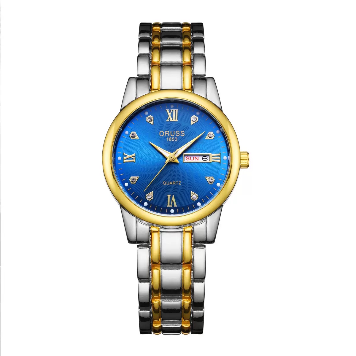 ORUSS 1853 Two-Tone Stainless Steel Women Quartz Watch, White Textured Dial Crystal Markers Day Date Ladies Dress Wrist Watch Gift Set With Original Brand Gift Box