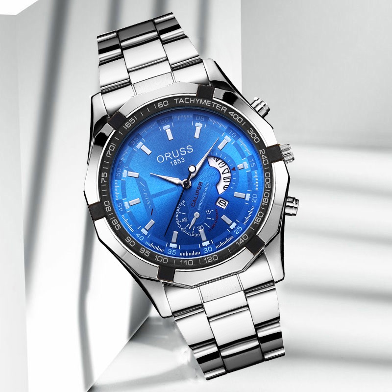 ORUSS Men Stainless Steel Chronograph Wrist Watch, Luminous Blue Dial Calendar Quartz Watch Business Sports Watch Gift Set With Brand Gift Box