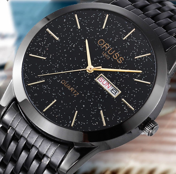 ORUSS 1853 All Black Men Quartz Watch Starry Sky Glitter Dial Stainless Steel Band Wristwatch Luminous Week Date Dual Display Waterproof Minimalist Male Watch With Original Gift Box