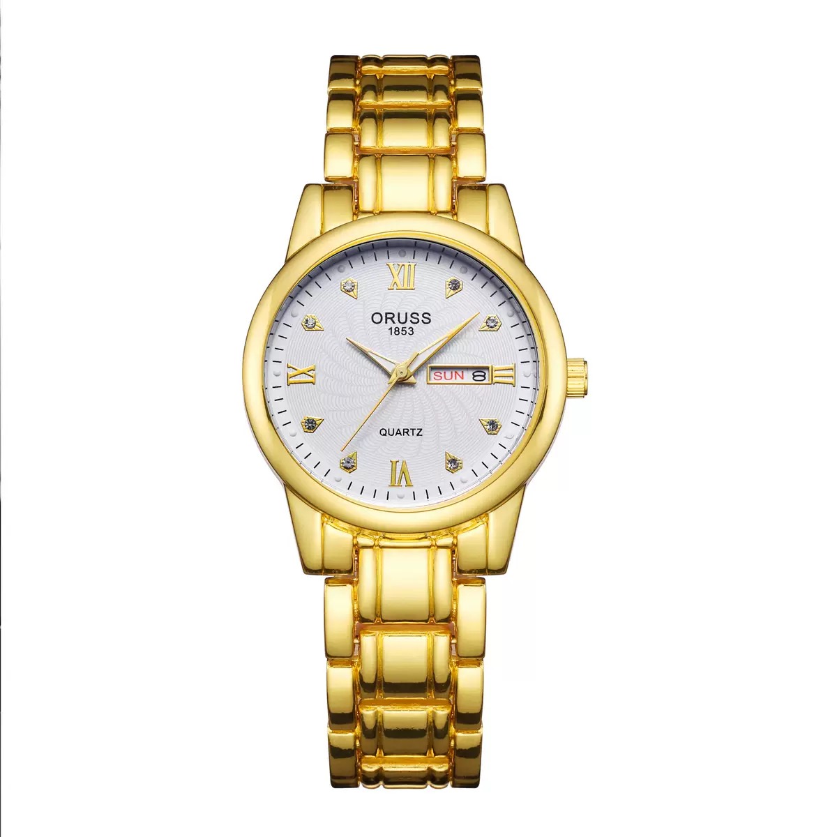 ORUSS 1853 Two-Tone Stainless Steel Women Quartz Watch, White Textured Dial Crystal Markers Day Date Ladies Dress Wrist Watch Gift Set With Original Brand Gift Box