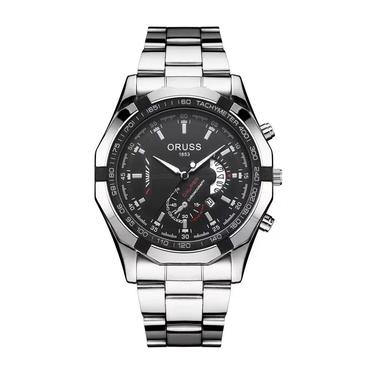 ORUSS Men Stainless Steel Chronograph Wrist Watch, Luminous Blue Dial Calendar Quartz Watch Business Sports Watch Gift Set With Brand Gift Box