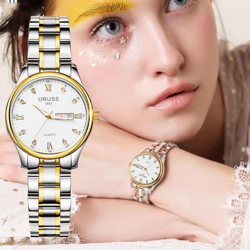 ORUSS 1853 Two-Tone Stainless Steel Women Quartz Watch, White Textured Dial Crystal Markers Day Date Ladies Dress Wrist Watch Gift Set With Original Brand Gift Box