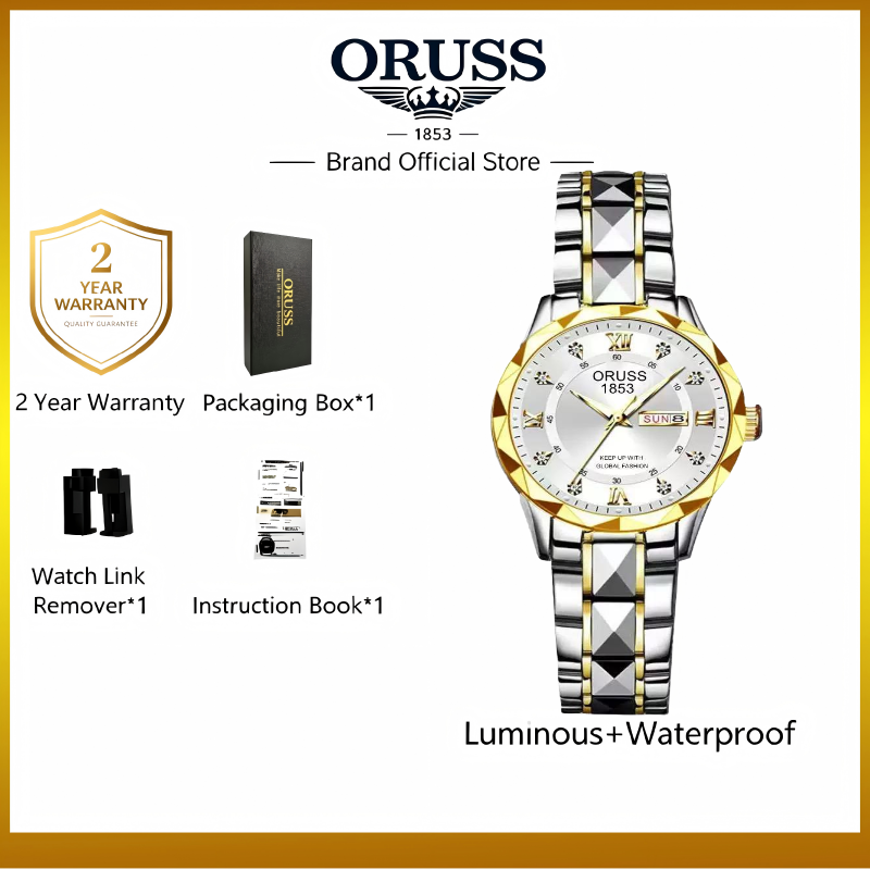ORUSS Women Two Tone Quartz Watch Rhinestone Dial Day Date Display Stainless Steel Band Elegant Wristwatch