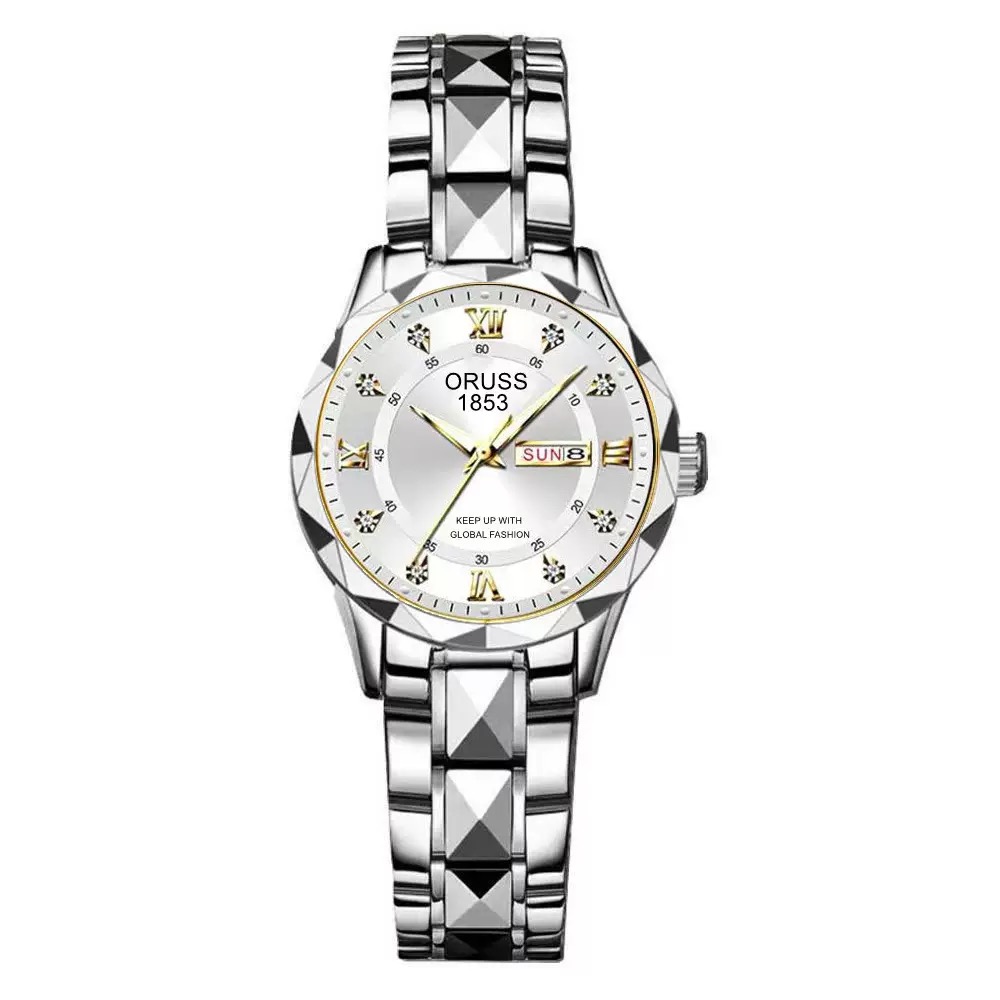 ORUSS Women Two Tone Quartz Watch Rhinestone Dial Day Date Display Stainless Steel Band Elegant Wristwatch