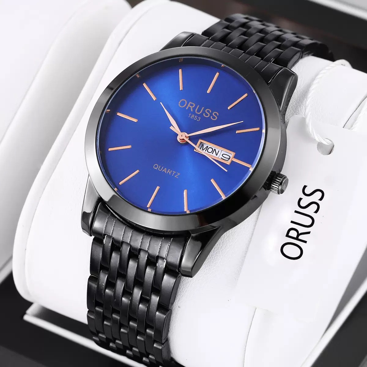 ORUSS Men Black Quartz Watch Blue Dial Day Date Display Stainless Steel Band Business Wristwatch