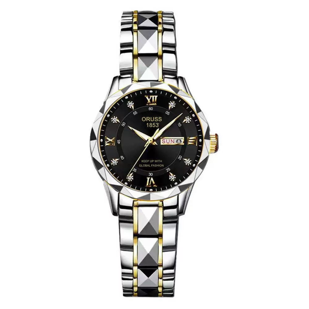 ORUSS Women Two Tone Quartz Watch Rhinestone Dial Day Date Display Stainless Steel Band Elegant Wristwatch