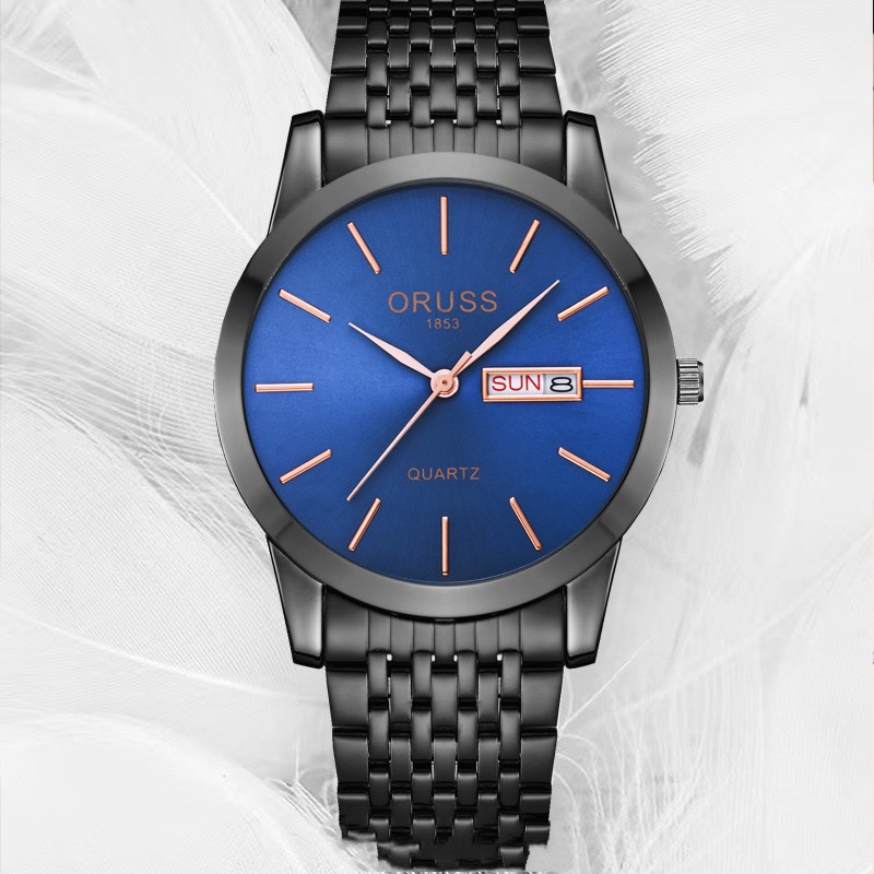 ORUSS Men Black Quartz Watch Blue Dial Day Date Display Stainless Steel Band Business Wristwatch