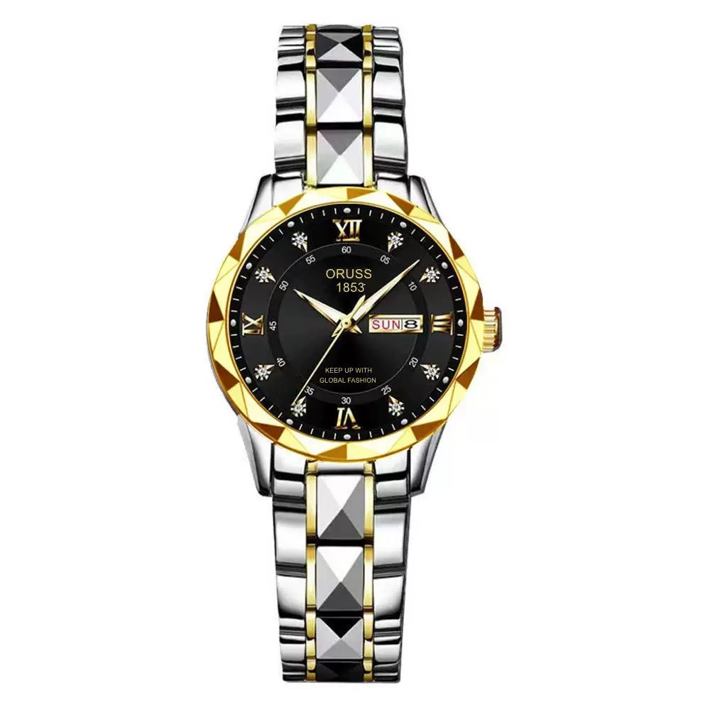 ORUSS Women Two Tone Quartz Watch Rhinestone Dial Day Date Display Stainless Steel Band Elegant Wristwatch