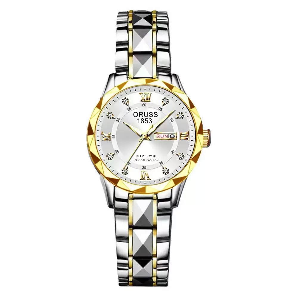 ORUSS Women Two Tone Quartz Watch Rhinestone Dial Day Date Display Stainless Steel Band Elegant Wristwatch