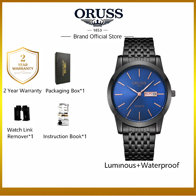 ORUSS Men Black Quartz Watch Blue Dial Day Date Display Stainless Steel Band Business Wristwatch