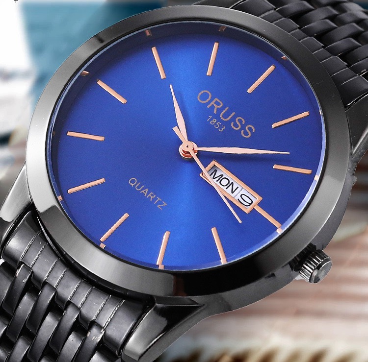 ORUSS Men Black Quartz Watch Blue Dial Day Date Display Stainless Steel Band Business Wristwatch