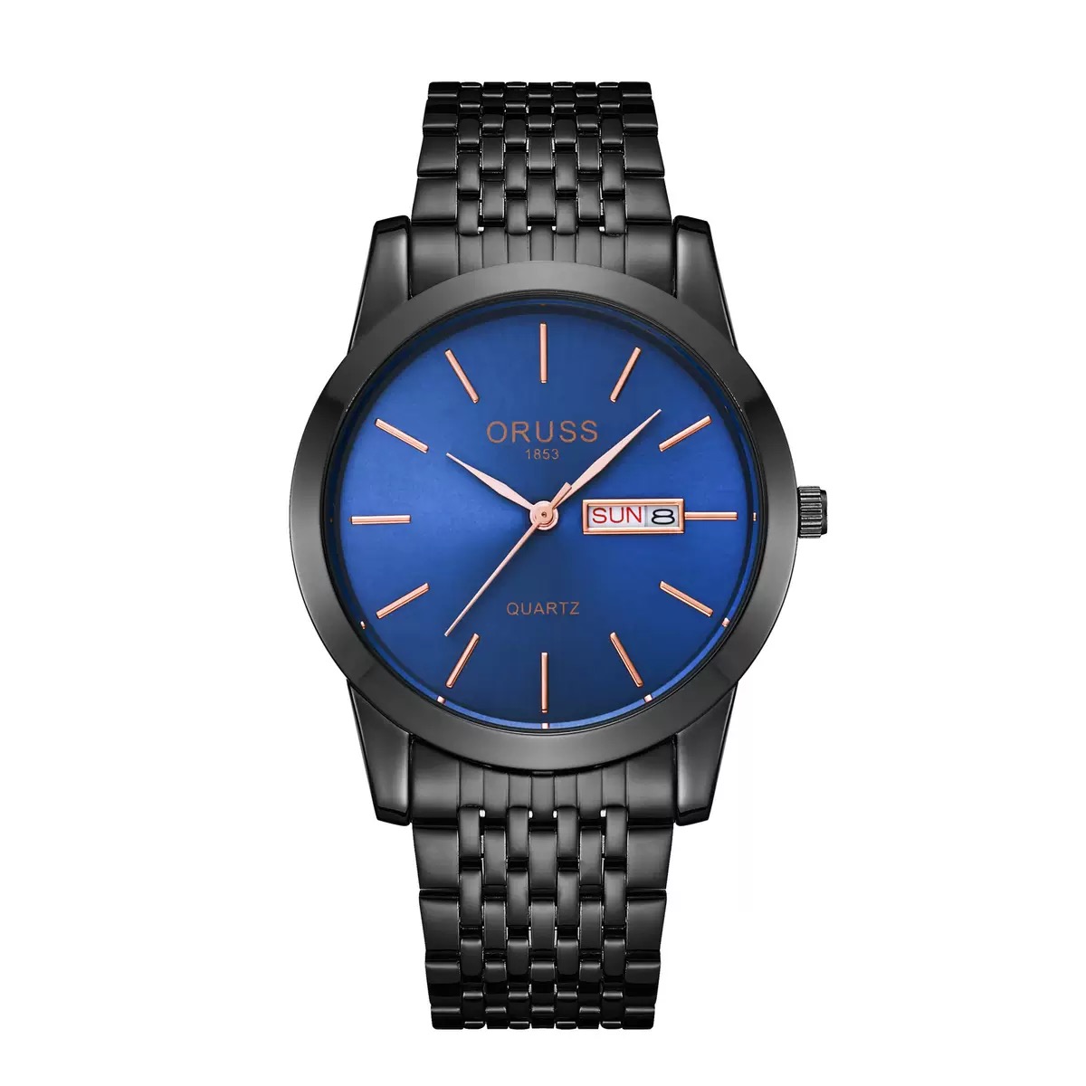 ORUSS Men Black Quartz Watch Blue Dial Day Date Display Stainless Steel Band Business Wristwatch