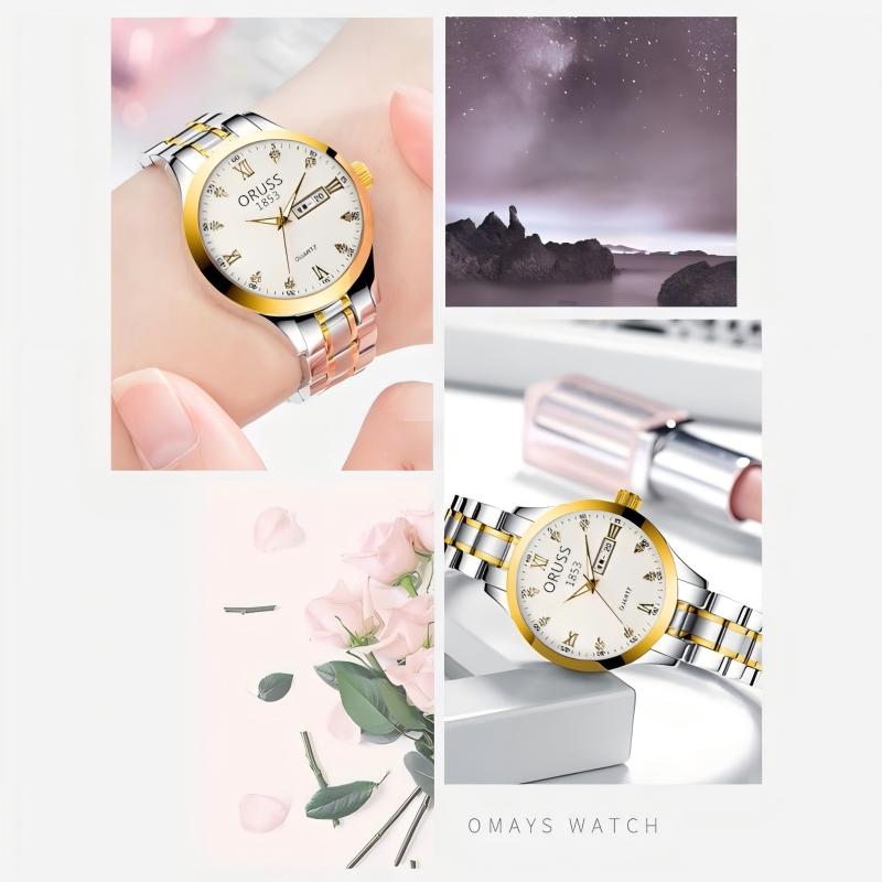 ORUSS 1853 Two-Tone Stainless Steel Women Quartz Watch, White Textured Dial Crystal Markers Day Date Ladies Dress Wrist Watch Gift Set With Original Brand Gift Box