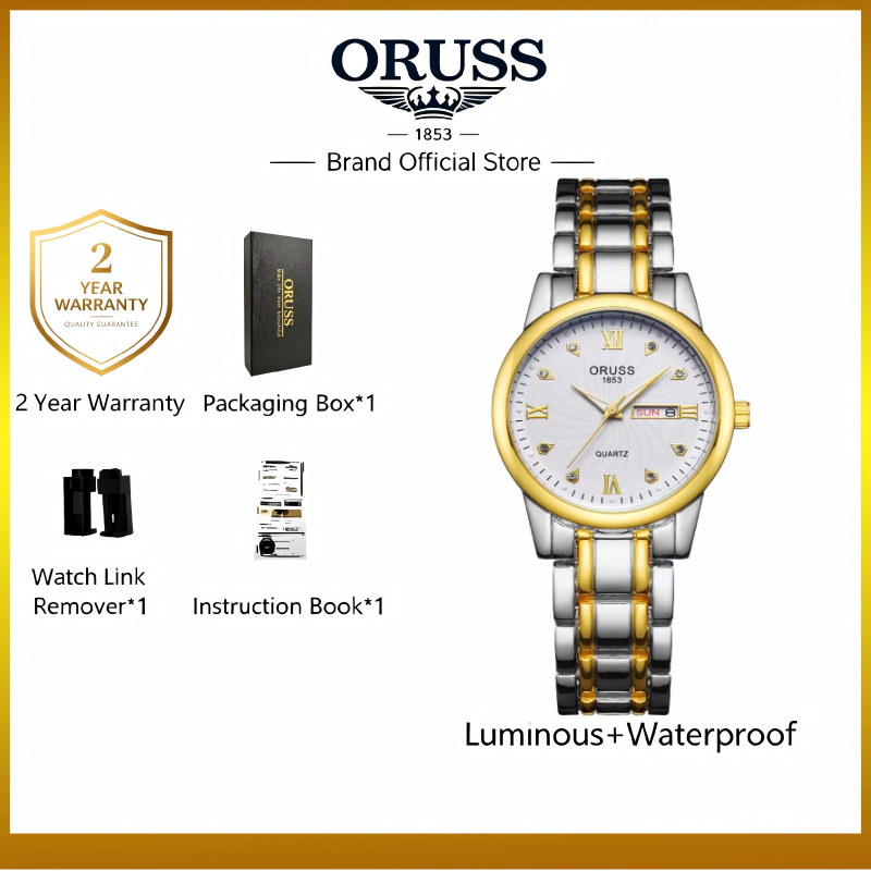 ORUSS 1853 Two-Tone Stainless Steel Women Quartz Watch, White Textured Dial Crystal Markers Day Date Ladies Dress Wrist Watch Gift Set With Original Brand Gift Box